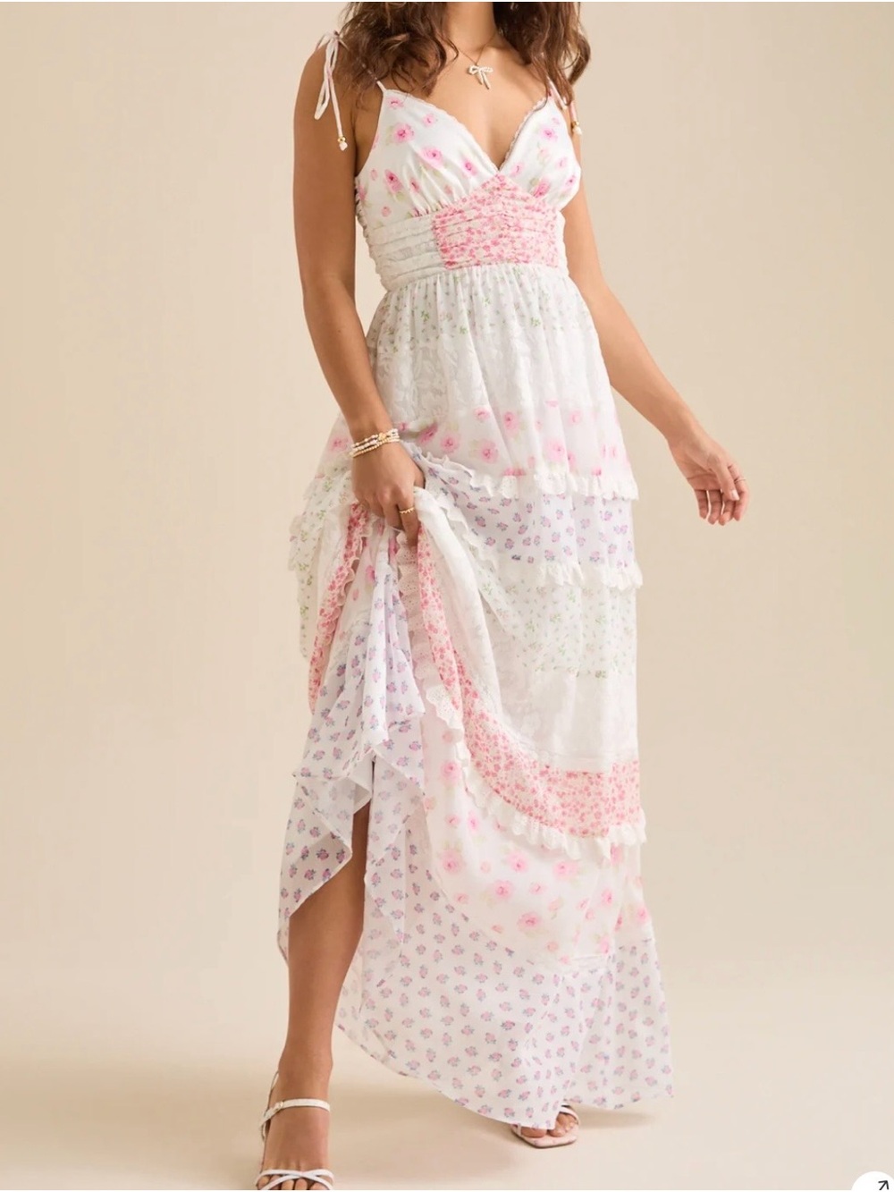 White Floral Tiered Maxi Dress with Pink Accents